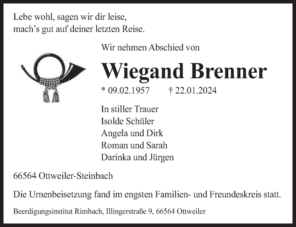  Traueranzeige für Wiegand Brenner vom 03.02.2024 aus saarbruecker_zeitung