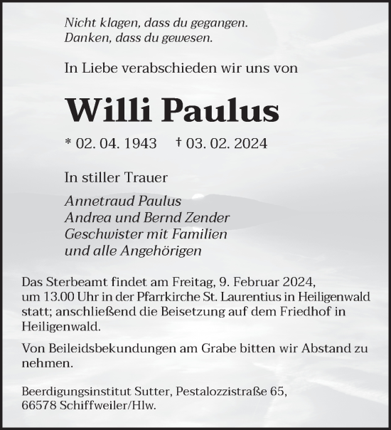 Traueranzeige von Willi Paulus von saarbruecker_zeitung