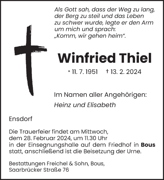 Traueranzeige von Winfried Thiel von saarbruecker_zeitung