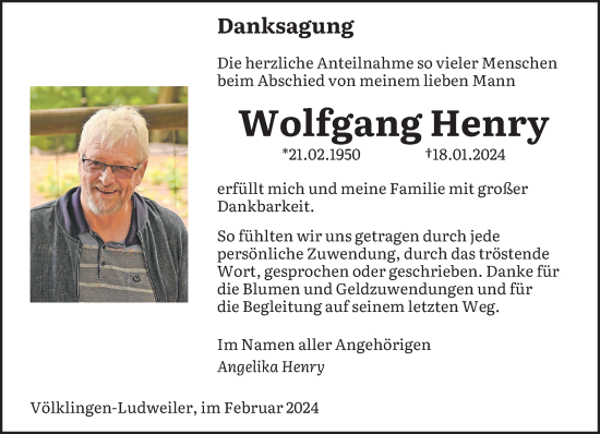 Traueranzeige von Wolfgang Henry von saarbruecker_zeitung