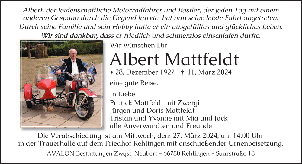  Traueranzeige für Albert Mattfeldt vom 22.03.2024 aus saarbruecker_zeitung