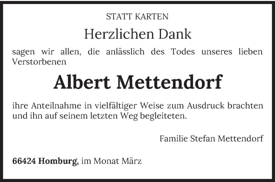 Traueranzeige von Albert Mettendorf von saarbruecker_zeitung