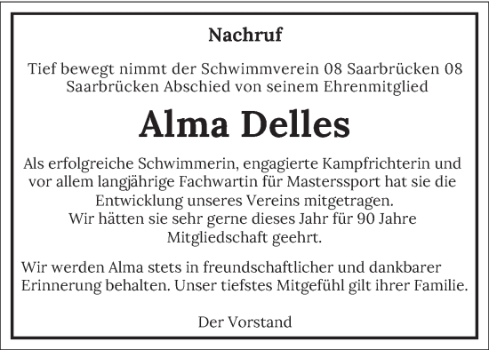 Traueranzeige von Alma Delles von saarbruecker_zeitung