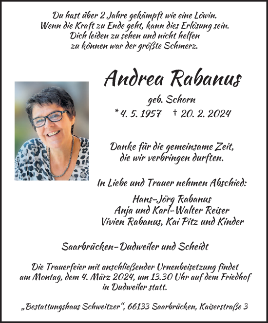 Traueranzeige von Andrea Rabanus von saarbruecker_zeitung