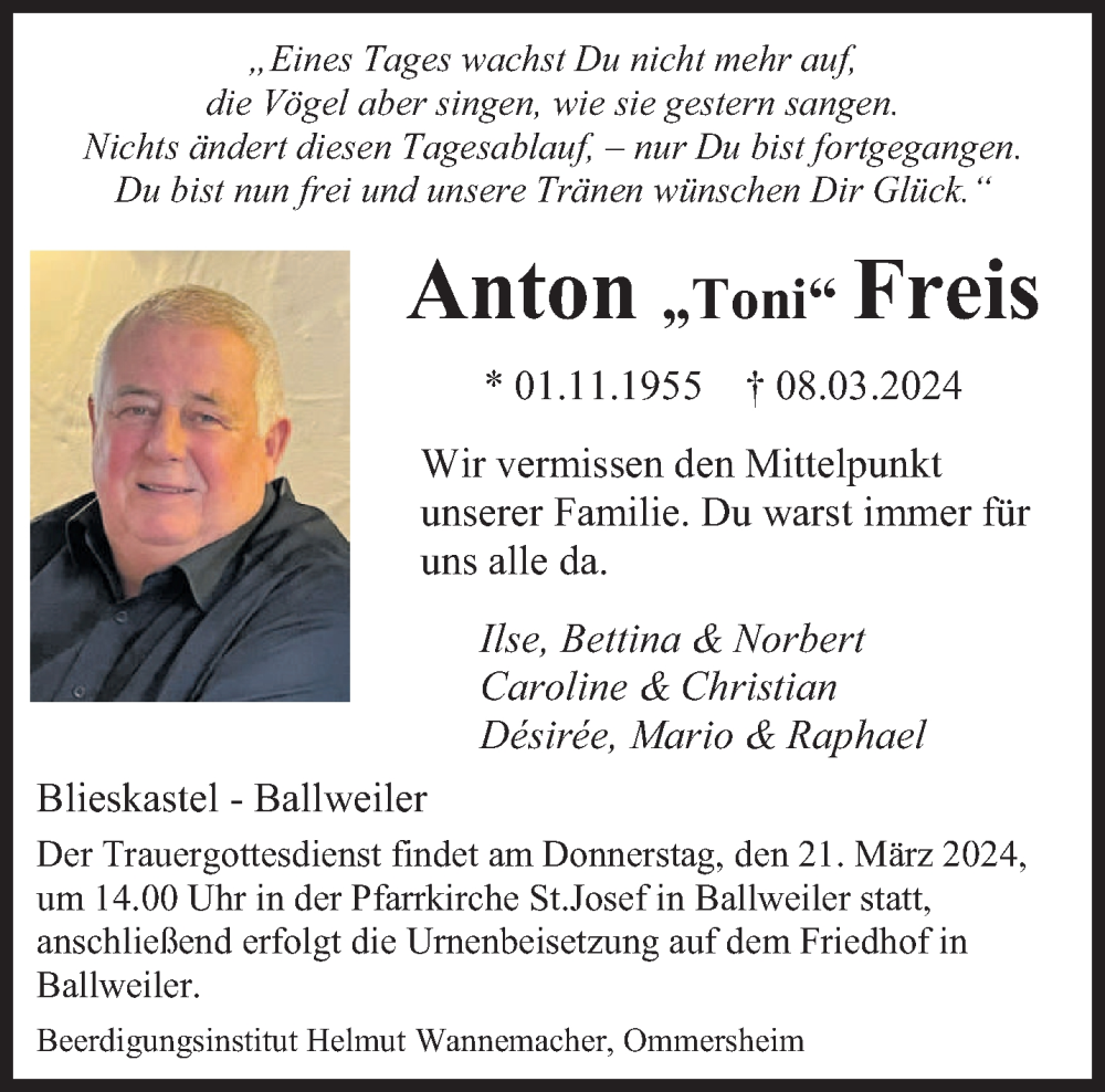  Traueranzeige für Anton  Freis vom 16.03.2024 aus saarbruecker_zeitung