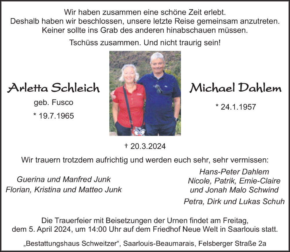  Traueranzeige für Arletta Schleich vom 30.03.2024 aus saarbruecker_zeitung