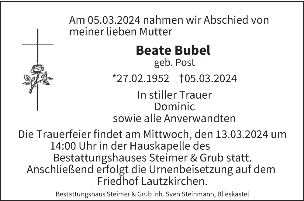  Traueranzeige für Beate Bubel vom 08.03.2024 aus saarbruecker_zeitung