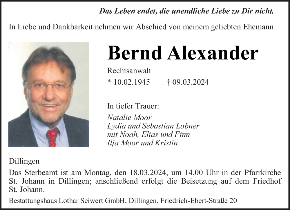  Traueranzeige für Bernd Alexander vom 16.03.2024 aus saarbruecker_zeitung