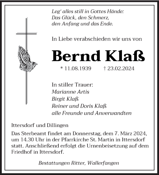 Traueranzeige von Bernd Klaß von saarbruecker_zeitung