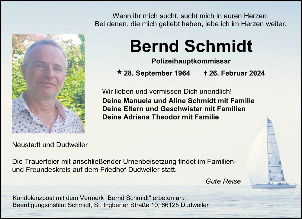  Traueranzeige für Bernd Schmidt vom 09.03.2024 aus saarbruecker_zeitung