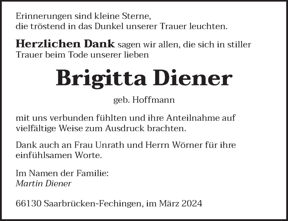  Traueranzeige für Brigitta Diener vom 02.03.2024 aus saarbruecker_zeitung