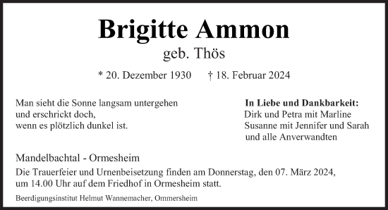 Traueranzeige von Brigitte Ammon von saarbruecker_zeitung