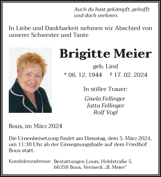 Traueranzeige von Brigitte Meier von saarbruecker_zeitung