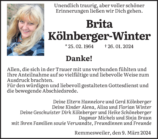 Traueranzeige von Brita Kölnberger-Winter von saarbruecker_zeitung