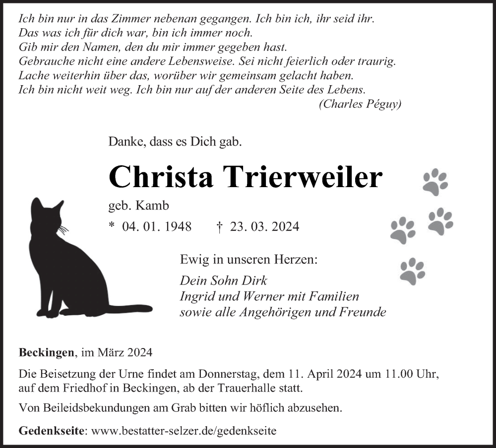  Traueranzeige für Christa Trierweiler vom 30.03.2024 aus saarbruecker_zeitung