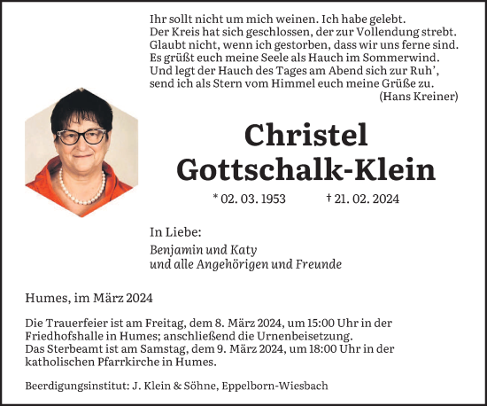 Traueranzeige von Christel Gottschalk-Klein von saarbruecker_zeitung