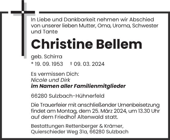 Traueranzeige von Christine Bellem von saarbruecker_zeitung