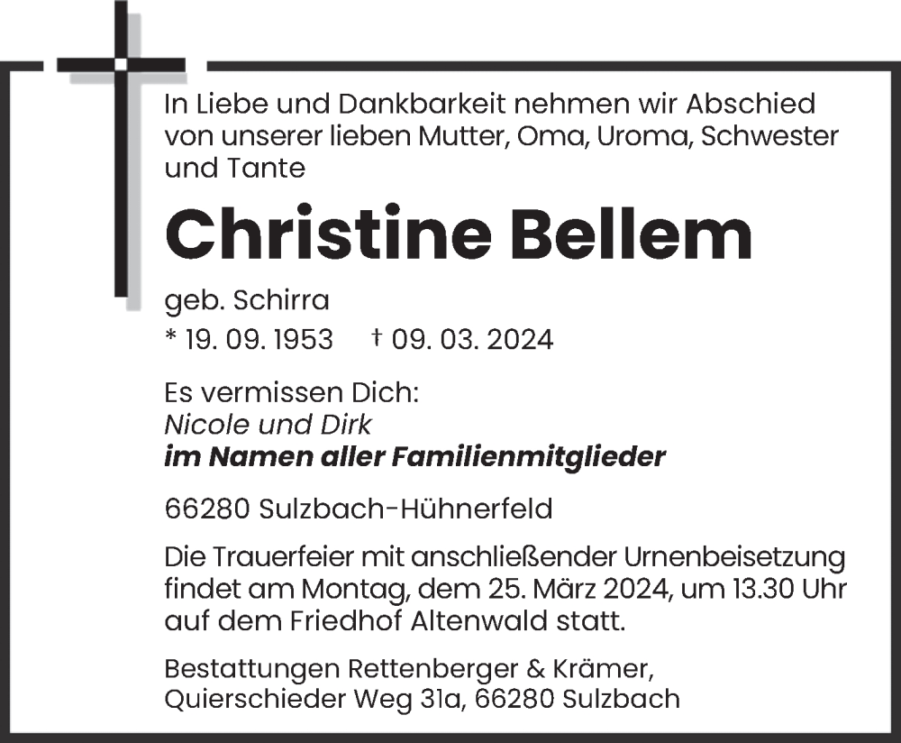  Traueranzeige für Christine Bellem vom 16.03.2024 aus saarbruecker_zeitung