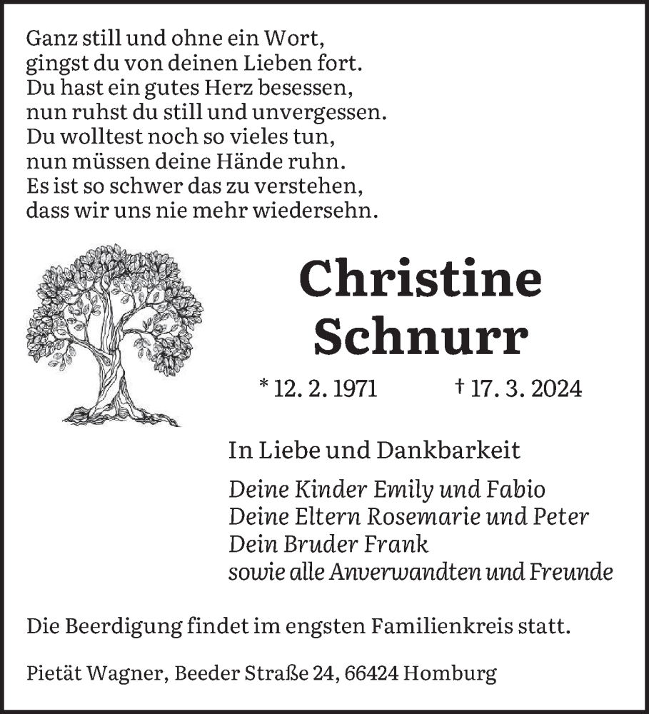  Traueranzeige für Christine Schnurr vom 23.03.2024 aus saarbruecker_zeitung