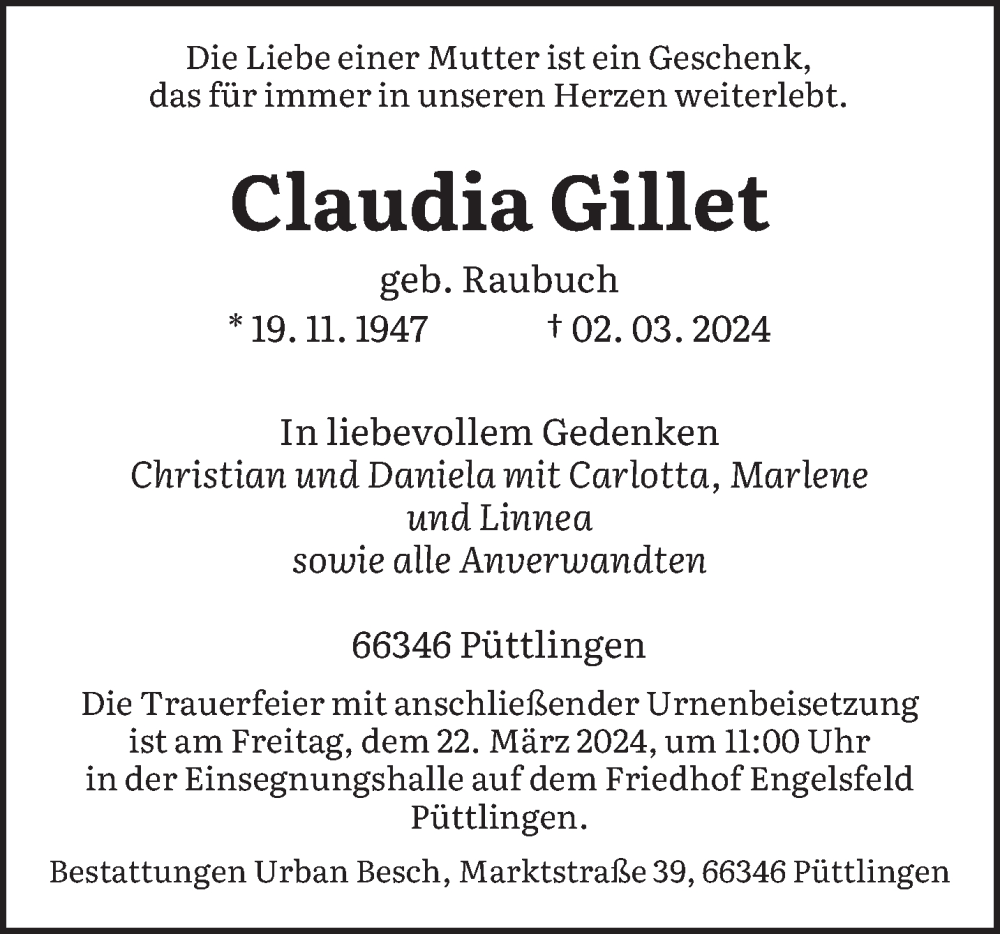  Traueranzeige für Claudia Gillet vom 16.03.2024 aus saarbruecker_zeitung
