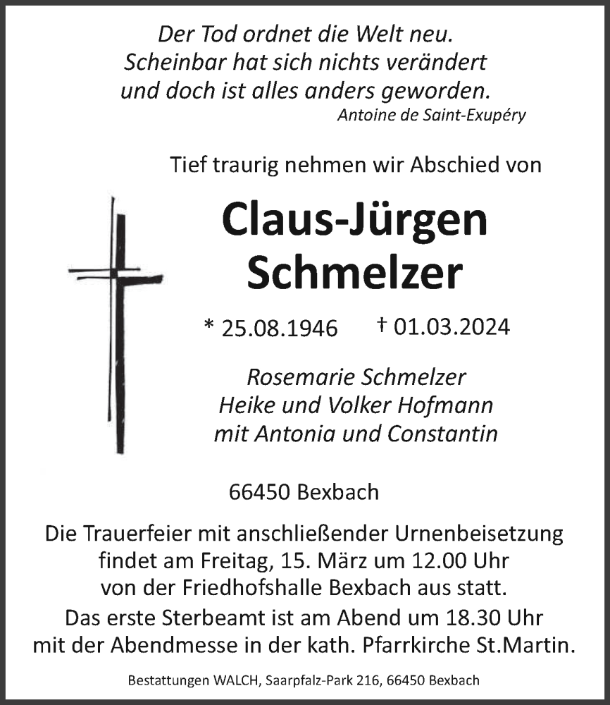 Traueranzeige für Claus-Jürgen Schmelzer vom 09.03.2024 aus saarbruecker_zeitung