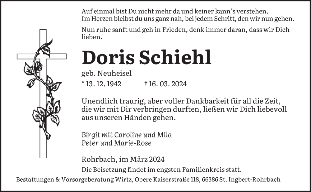  Traueranzeige für Doris Schiehl vom 23.03.2024 aus saarbruecker_zeitung