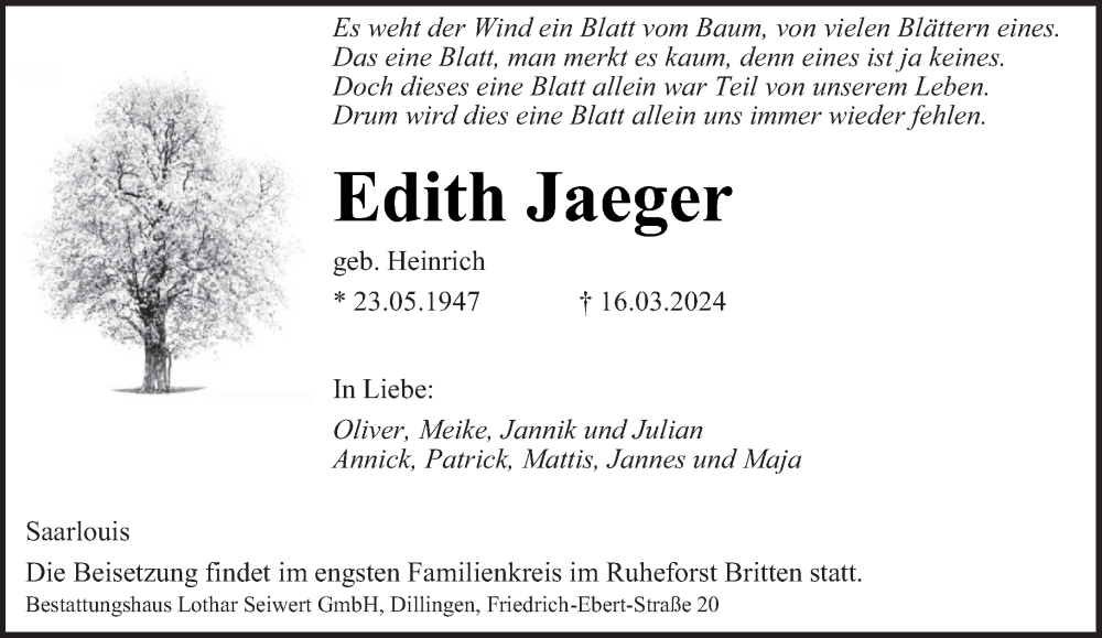  Traueranzeige für Edith Jaeger vom 23.03.2024 aus saarbruecker_zeitung