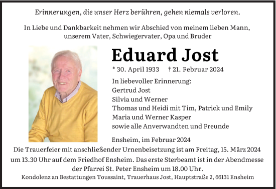 Traueranzeige von Eduard Jost von saarbruecker_zeitung