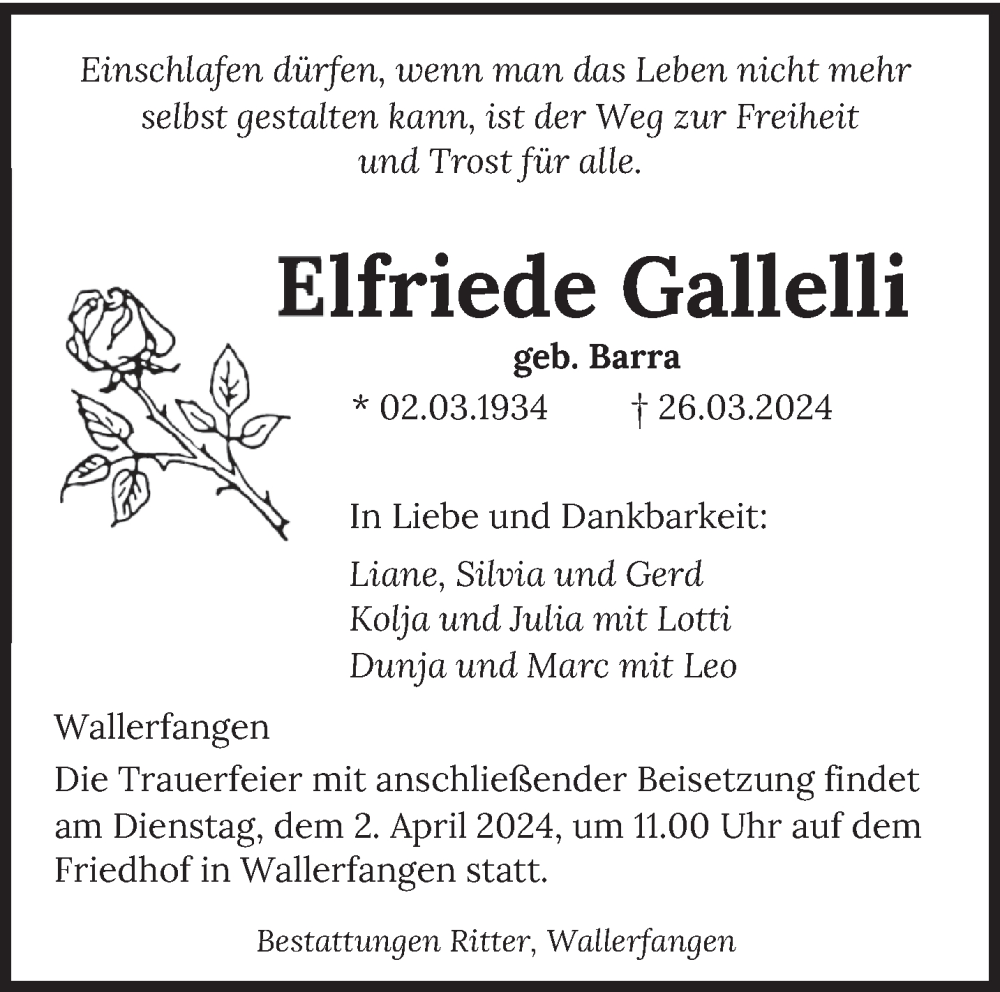  Traueranzeige für Elfriede Gallelli vom 30.03.2024 aus saarbruecker_zeitung
