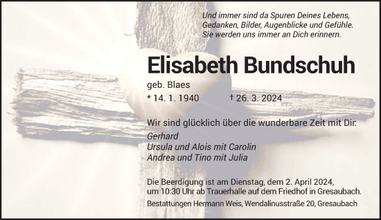 Traueranzeige von Elisabeth Bundschuh von saarbruecker_zeitung