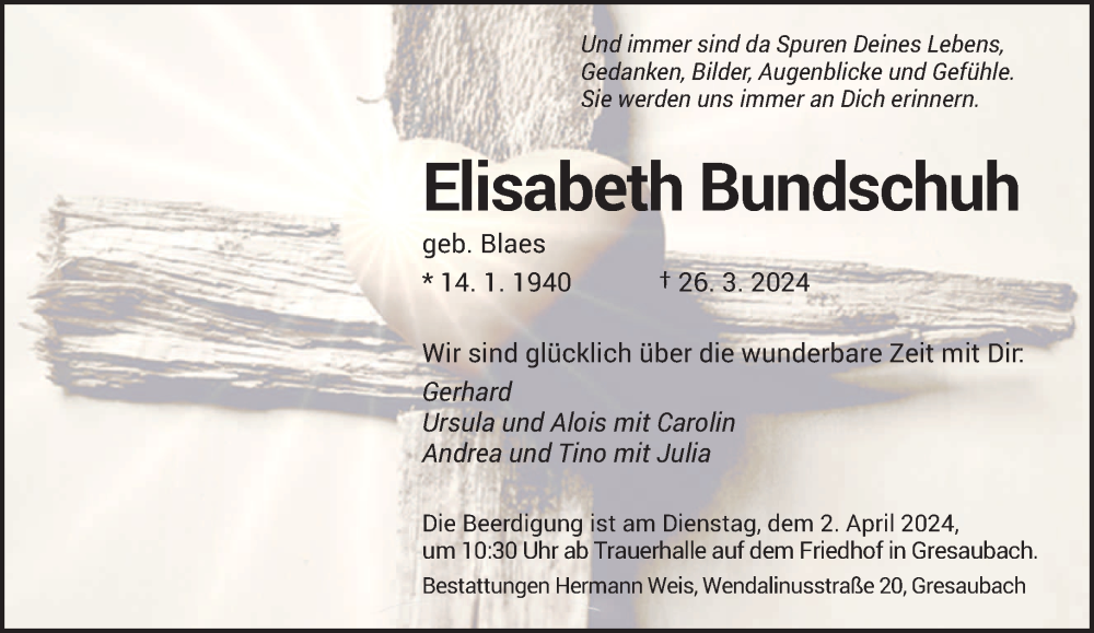  Traueranzeige für Elisabeth Bundschuh vom 30.03.2024 aus saarbruecker_zeitung