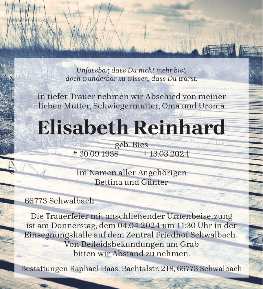  Traueranzeige für Elisabeth Reinhard vom 30.03.2024 aus saarbruecker_zeitung