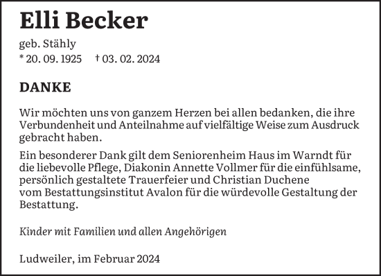 Traueranzeige von Elli Becker von saarbruecker_zeitung