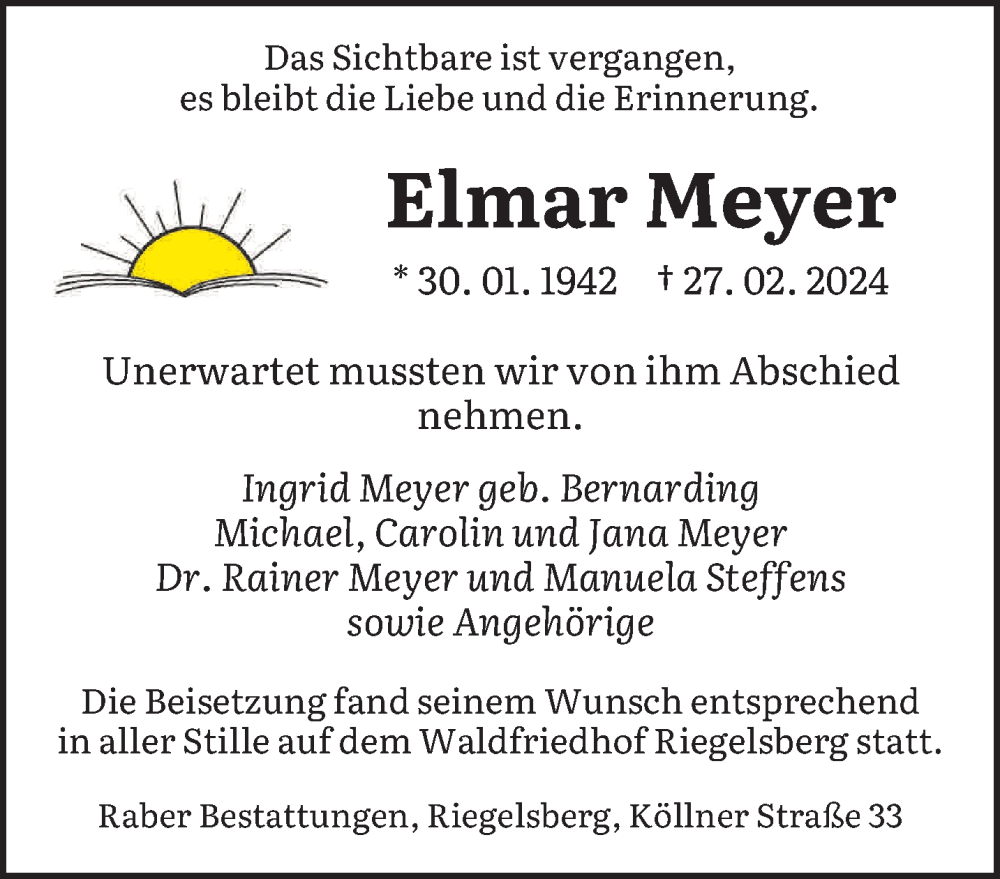  Traueranzeige für Elmar Meyer vom 09.03.2024 aus saarbruecker_zeitung