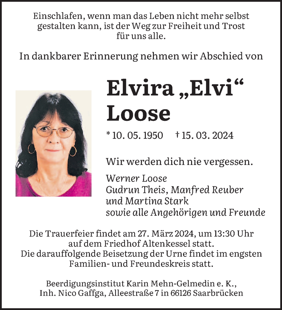  Traueranzeige für Elvira  Loose vom 23.03.2024 aus saarbruecker_zeitung
