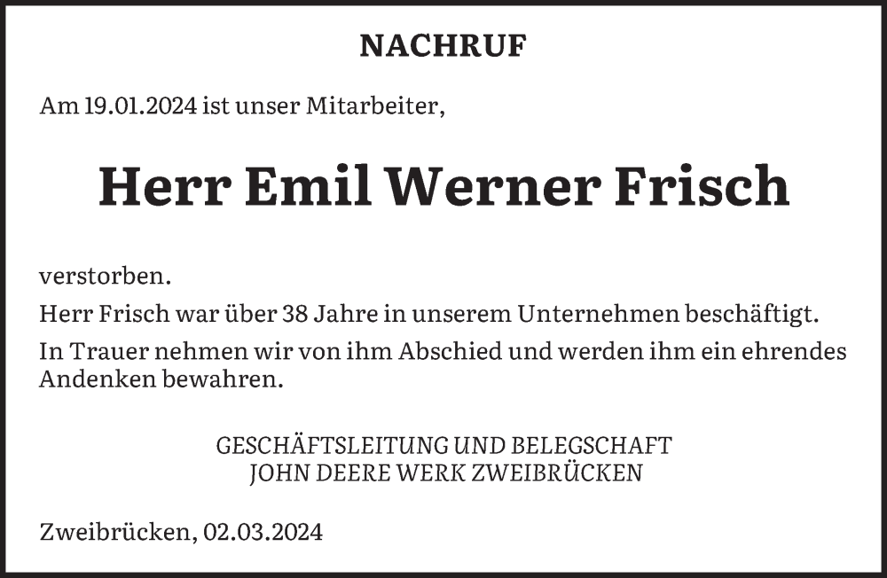  Traueranzeige für Emil Werner Frisch vom 02.03.2024 aus saarbruecker_zeitung