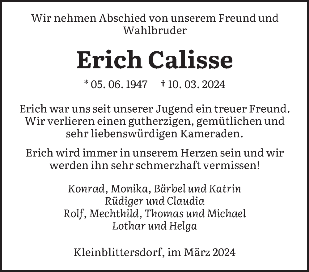 Traueranzeige für Erich Calisse vom 16.03.2024 aus saarbruecker_zeitung