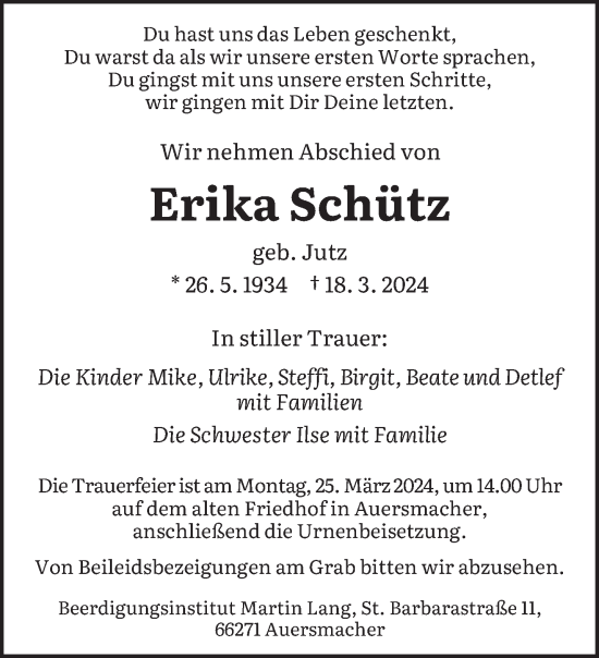 Traueranzeige von Erika Schütz von saarbruecker_zeitung