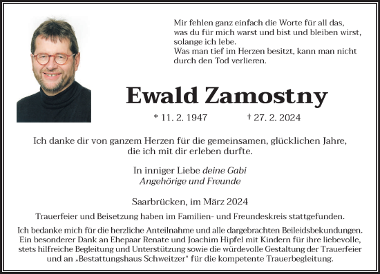 Traueranzeige von Ewald Zamostny von saarbruecker_zeitung