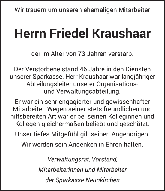 Traueranzeige von Friedel Kraushaar von saarbruecker_zeitung