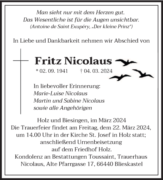 Traueranzeige von Fritz Nicolaus von saarbruecker_zeitung