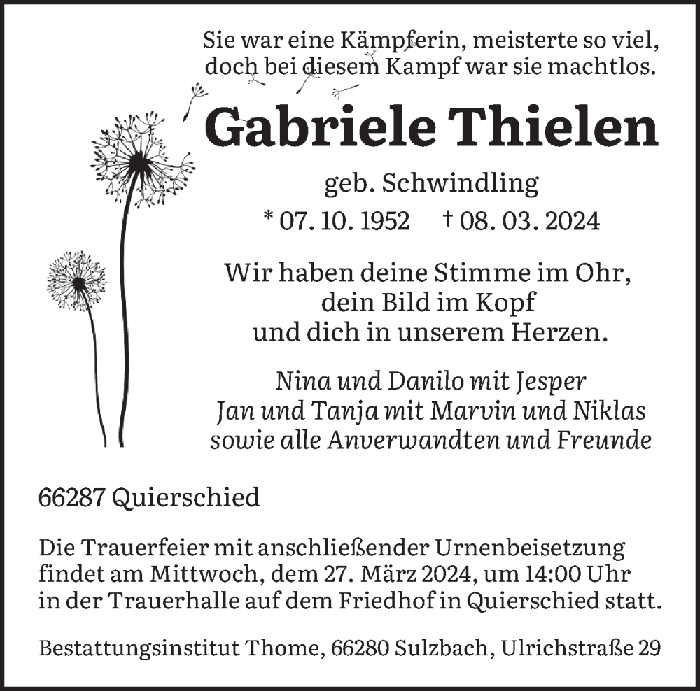  Traueranzeige für Gabriele Thielen vom 16.03.2024 aus saarbruecker_zeitung