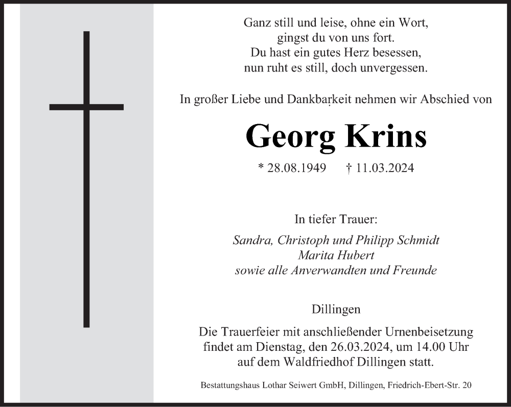  Traueranzeige für Georg Krins vom 23.03.2024 aus saarbruecker_zeitung