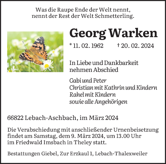 Traueranzeige von Georg Warken von saarbruecker_zeitung