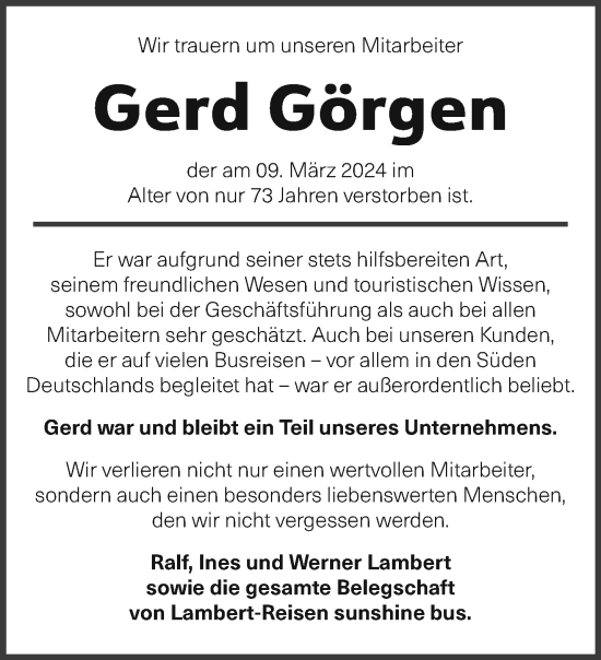 Traueranzeige von Gerd Görgen von saarbruecker_zeitung