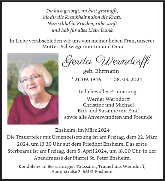 Traueranzeige von Gerda Werndorf von saarbruecker_zeitung