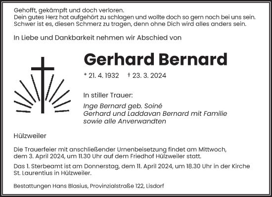 Traueranzeige von Gerhard Bernard von saarbruecker_zeitung