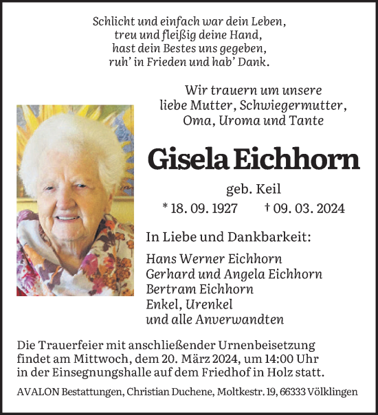 Traueranzeige von Gisela Eichhorn von saarbruecker_zeitung