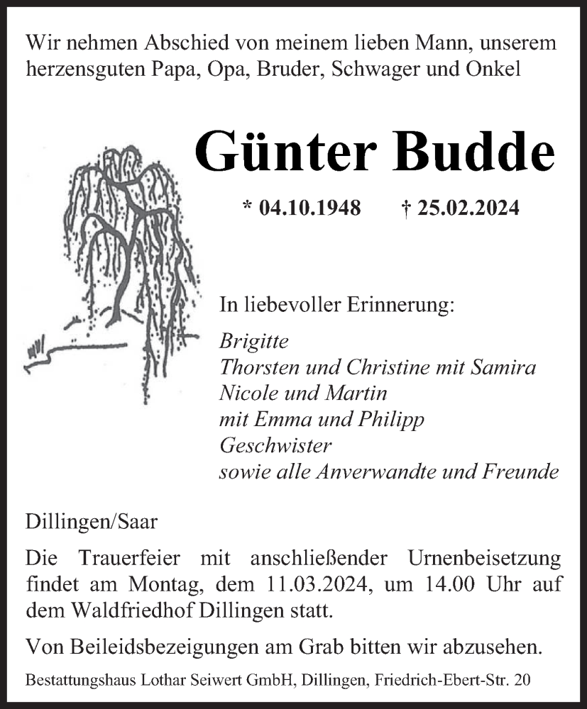  Traueranzeige für Günter Budde vom 02.03.2024 aus saarbruecker_zeitung
