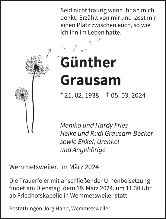 Traueranzeige von Günther Grausam von saarbruecker_zeitung